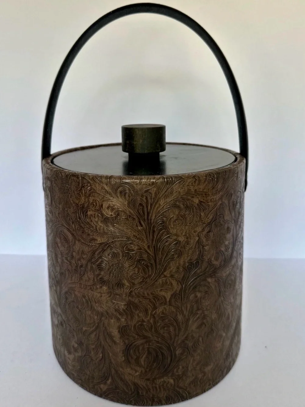 Vintage Irvinware Ice Bucket Brown Tooled Vegan Leather with Lid Made USA